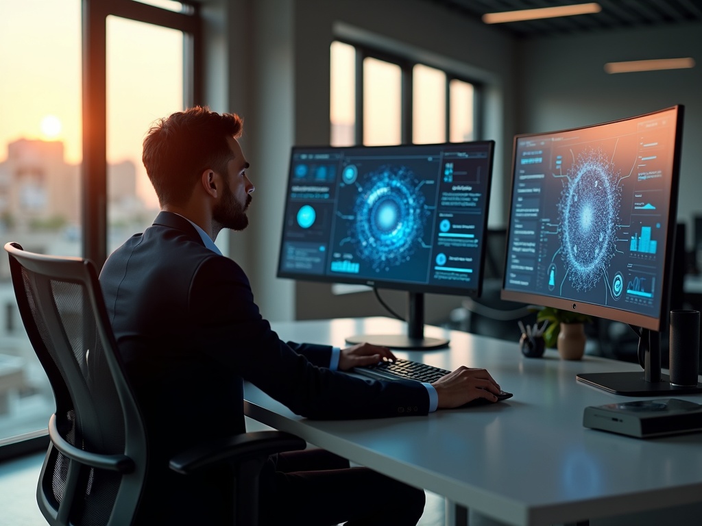A cybersecurity services professional monitors live network security dashboards in a modern Phoenix business office environment