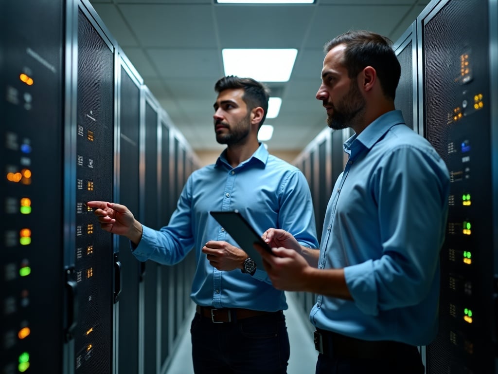 A cybersecurity services engineer and IT director conducting a hands-on infrastructure assessment inside a Phoenix-area secure server room