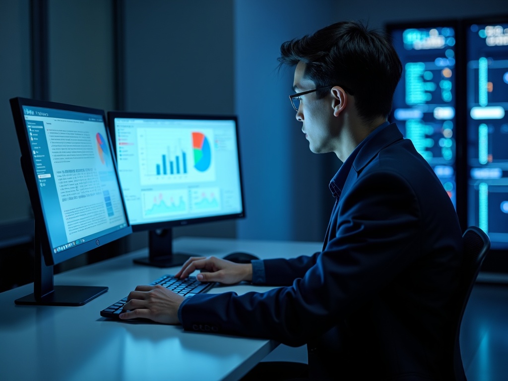Incident Response & Breach Recovery A cybersecurity expert performing incident response & breach recovery analysis on a multi-screen workstation in a Phoenix-area network operations center