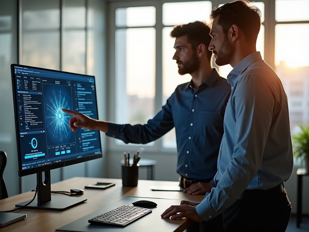 Incident Response & Breach Recovery A team of specialists discussing an incident response & breach recovery strategy around a network topology display in a Scottsdale business office