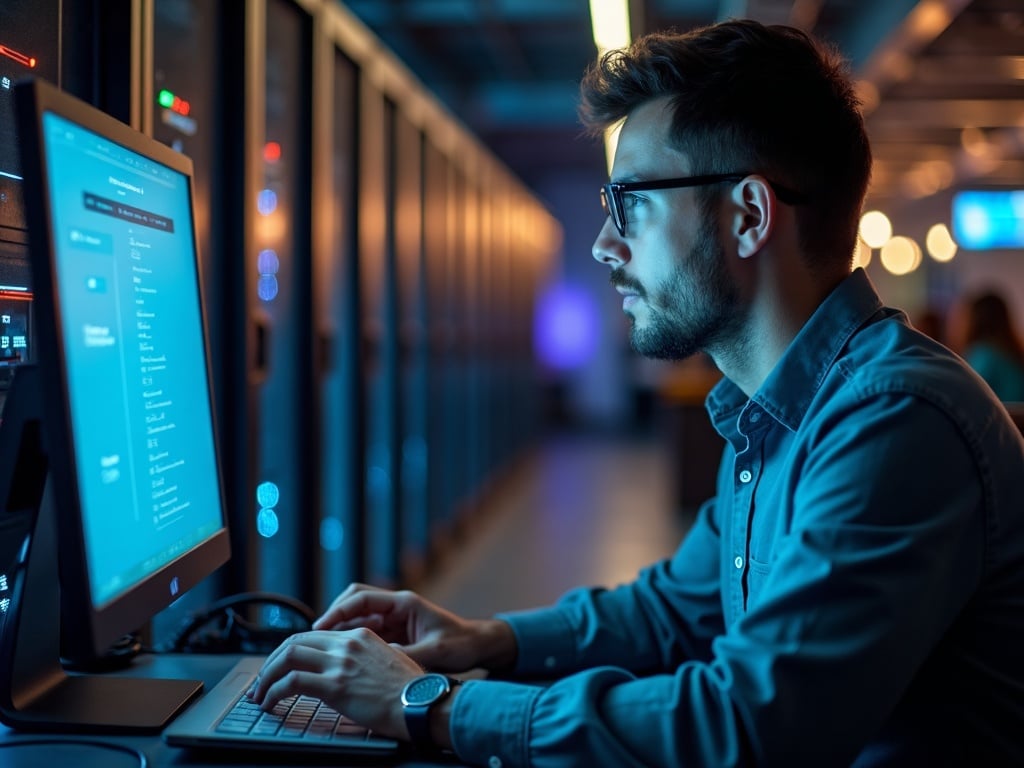Incident Response & Breach Recovery A security technician conducting incident response & breach recovery forensic analysis on a laptop inside an Arizona data center server room