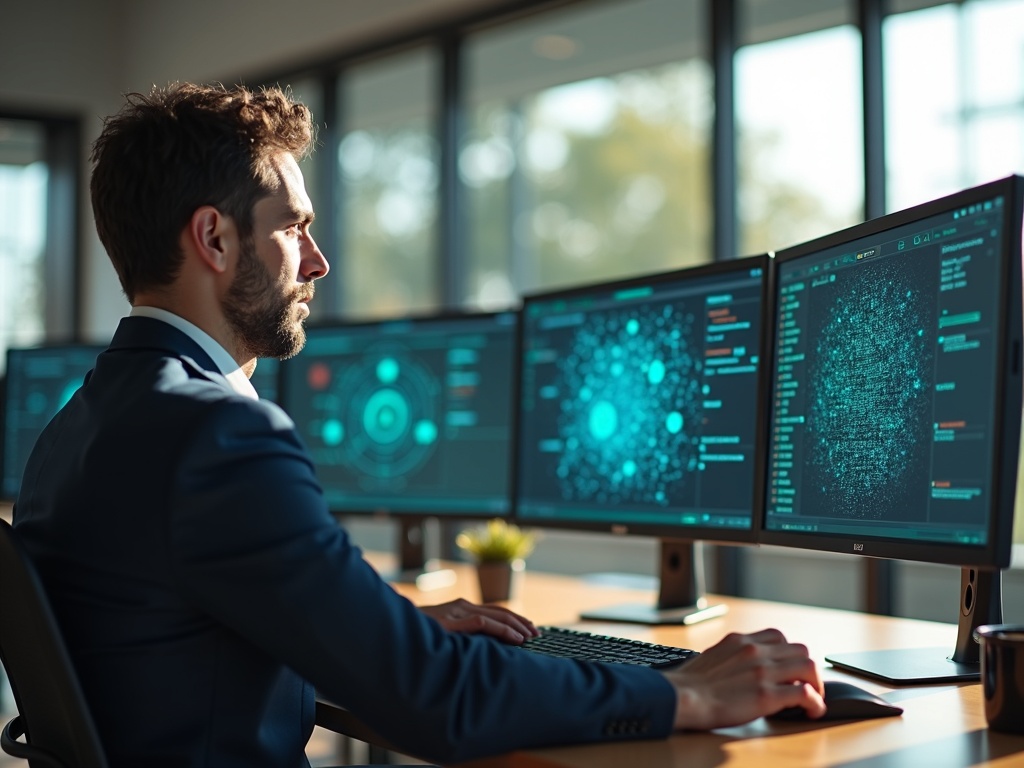 A senior IT security consultant reviewing live network monitoring dashboards in a modern Phoenix metro area cybersecurity operations center