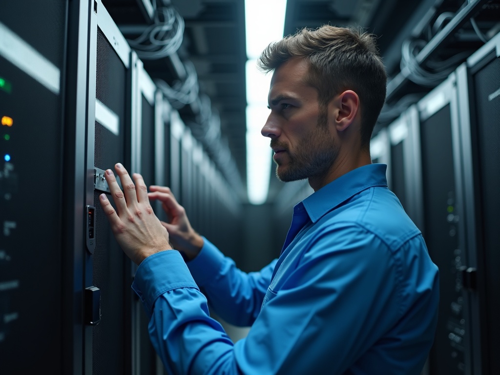 A security technician reviewing a physical access control panel integrated with network infrastructure as part of a physical and converged security deployment in a Phoenix-area commercial facility