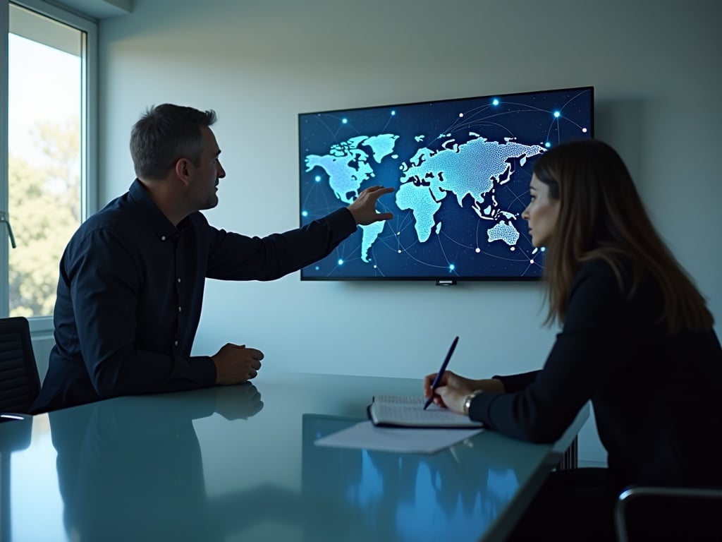 IT director and security consultant reviewing a network topology diagram during a physical and converged security risk assessment session at a Phoenix metro business