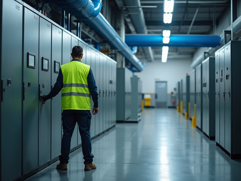 Security technician inspecting operational technology control panels on a manufacturing floor as part of a physical and converged security hardening engagement for an Arizona manufacturer