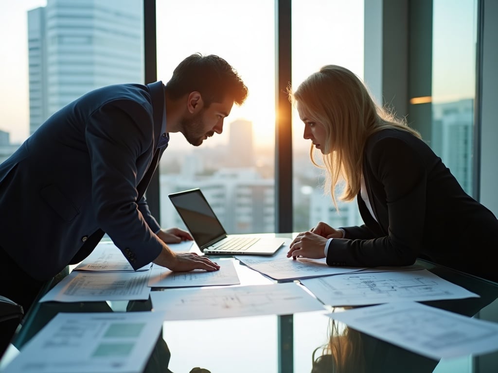 OT & Industrial Cybersecurity Two business professionals discussing an OT & Industrial Cybersecurity risk assessment report and remediation roadmap during a strategic planning session