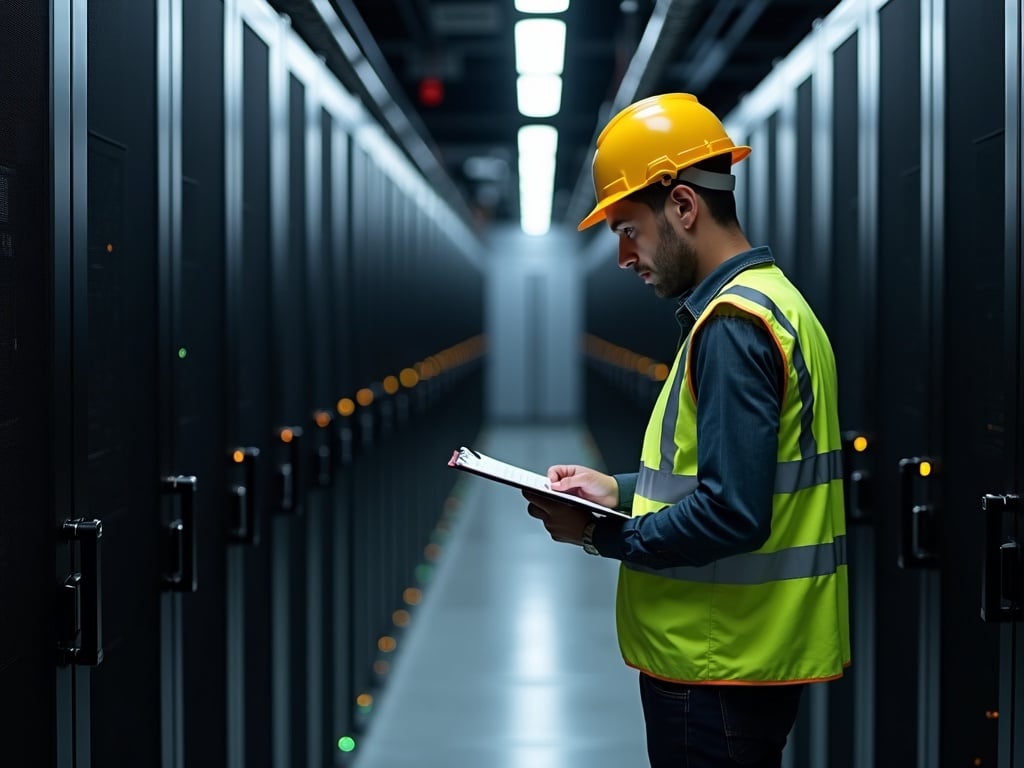 A cybersecurity professional conducting a compliance and regulatory services assessment inside a Phoenix area data center server room
