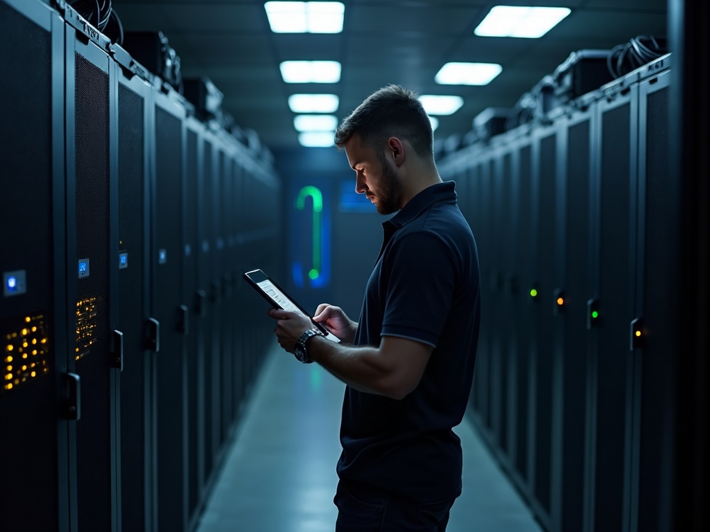 Cybersecurity for Startups & Growing Businesses A network technician conducting a security assessment of server infrastructure as part of a cybersecurity for startups and growing businesses program in a Phoenix area server room.