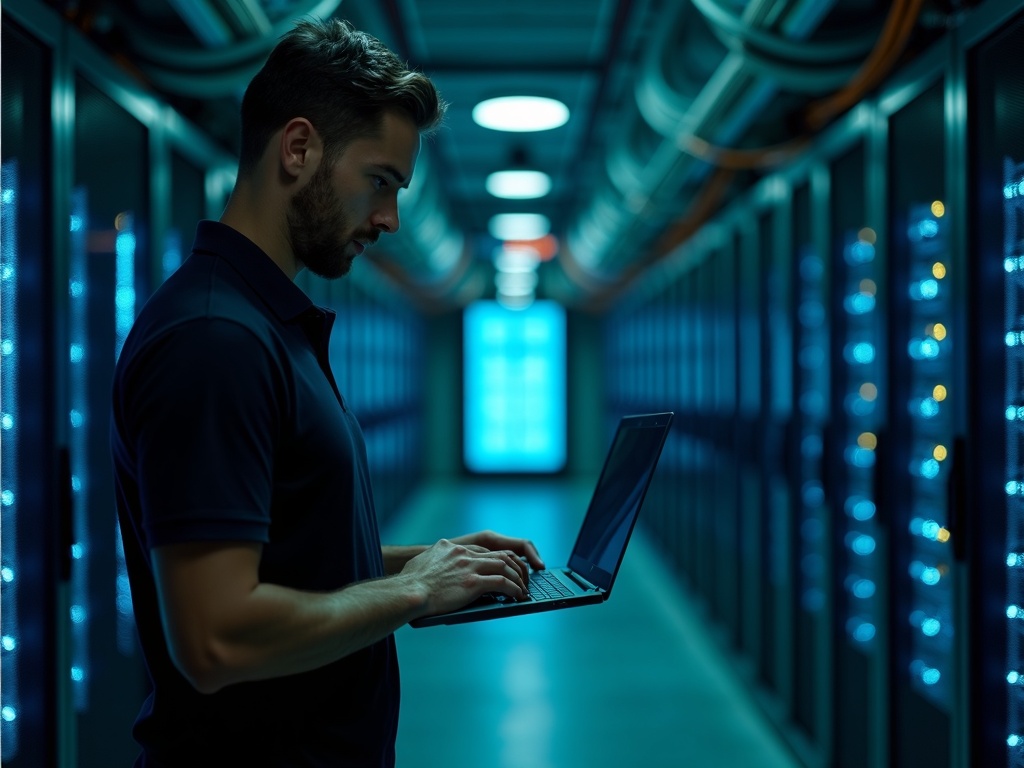 A professional IT security technician reviewing infrastructure in a secured data center environment as part of comprehensive data center cybersecurity services.