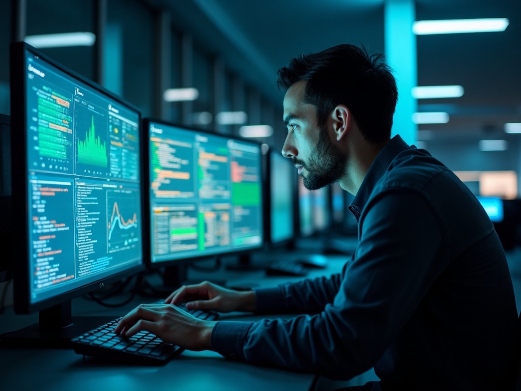 An IT security analyst monitoring a hybrid cloud environment as part of a comprehensive cloud and hybrid IT security program for a Phoenix-area business.