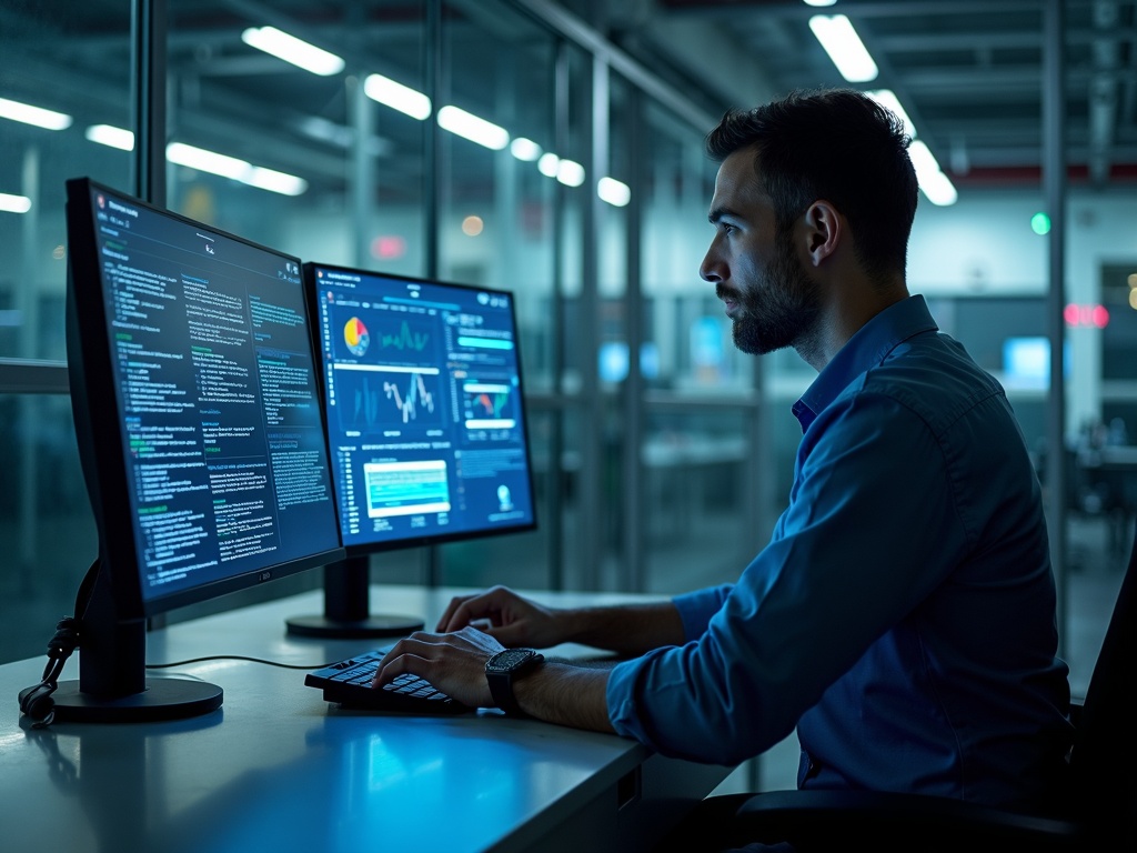 A cybersecurity services specialist reviewing network monitoring dashboards inside a modern manufacturing facility near the I-10 and Dysart Road corridor in Avondale, Arizona