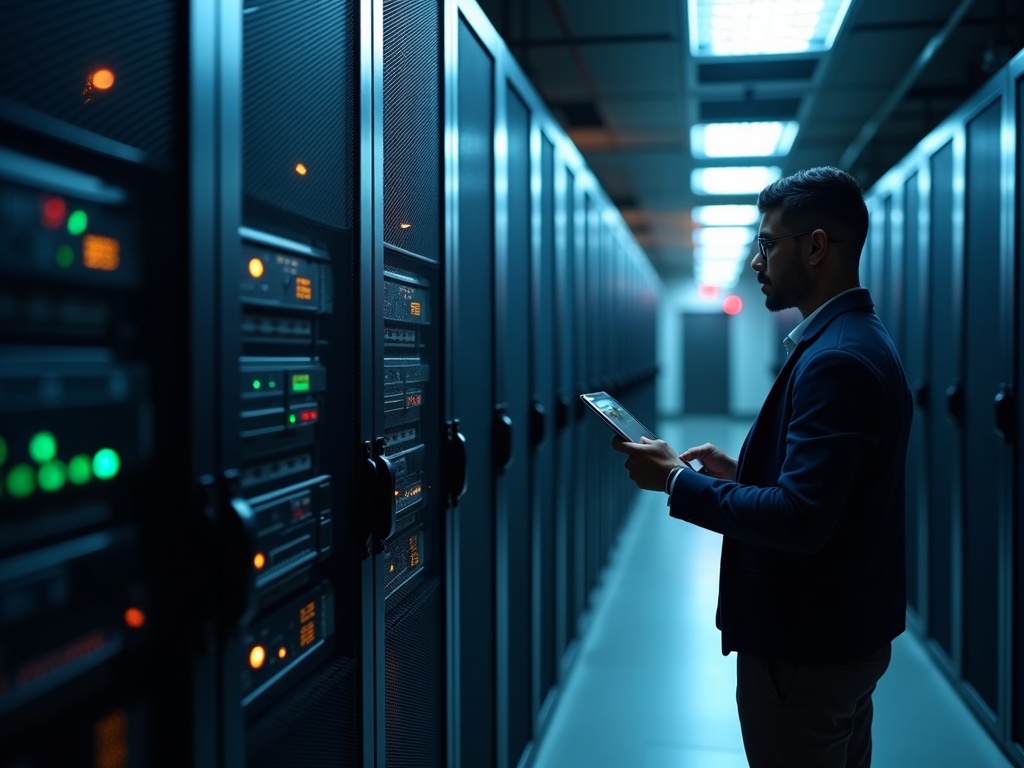 An IT security services engineer performing a cybersecurity services audit on server infrastructure in a professional office in the Garden Lakes neighborhood of Avondale, Arizona