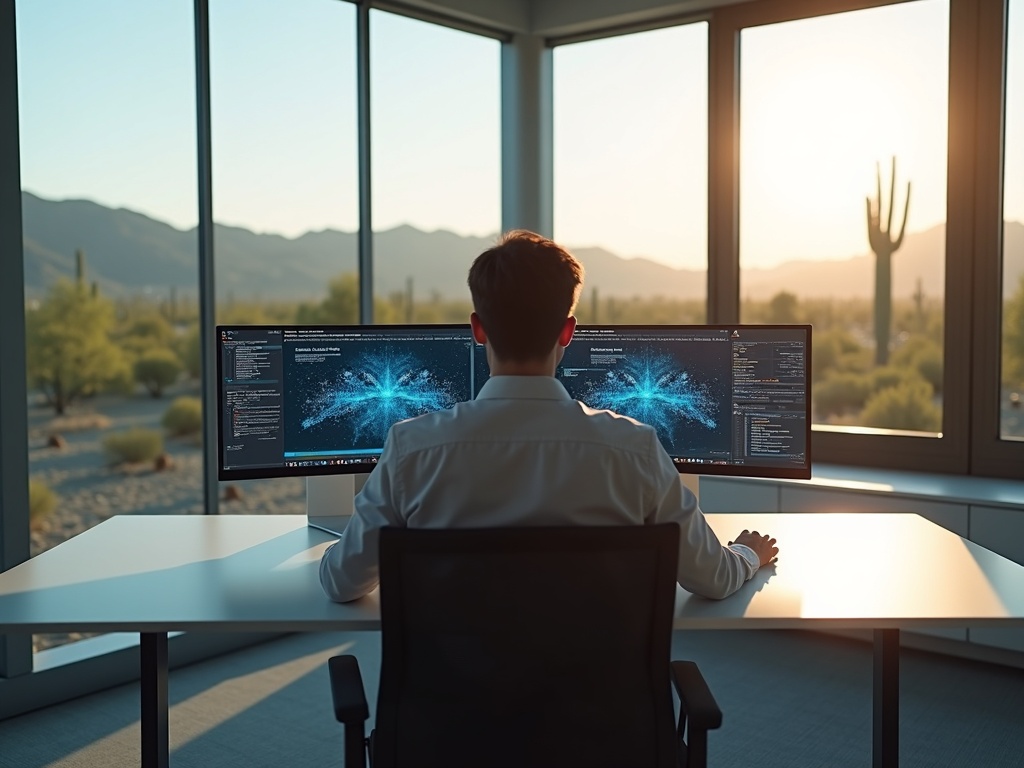 A cybersecurity professional managing cybersecurity services Gilbert AZ dashboards at a modern Gilbert Arizona business campus near the San Tan Freeway corridor