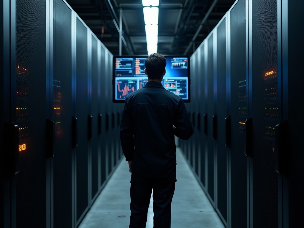 IT security technician reviewing cybersecurity services Mesa AZ network infrastructure in an aerospace manufacturing facility server room near Falcon Field Airport