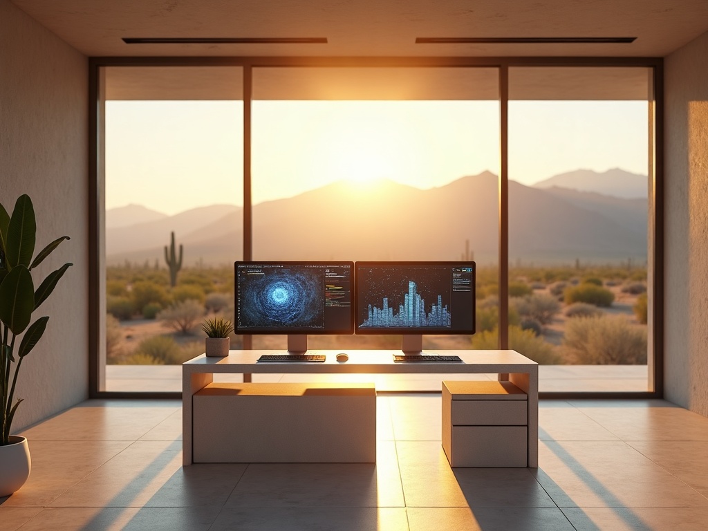 Paradise Valley, AZ A Paradise Valley business professional reviewing cybersecurity services dashboards in a high-end executive office near Camelback Mountain