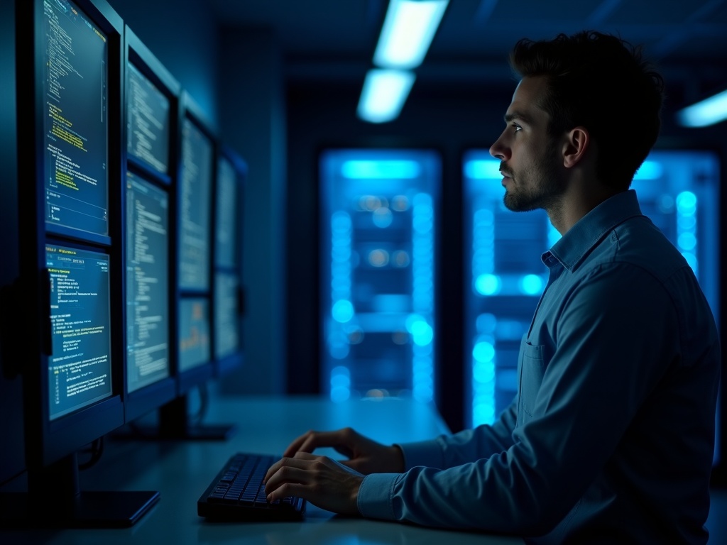 A cybersecurity professional performing a network IT security assessment inside a modern server room with rack-mounted equipment and monitoring screens