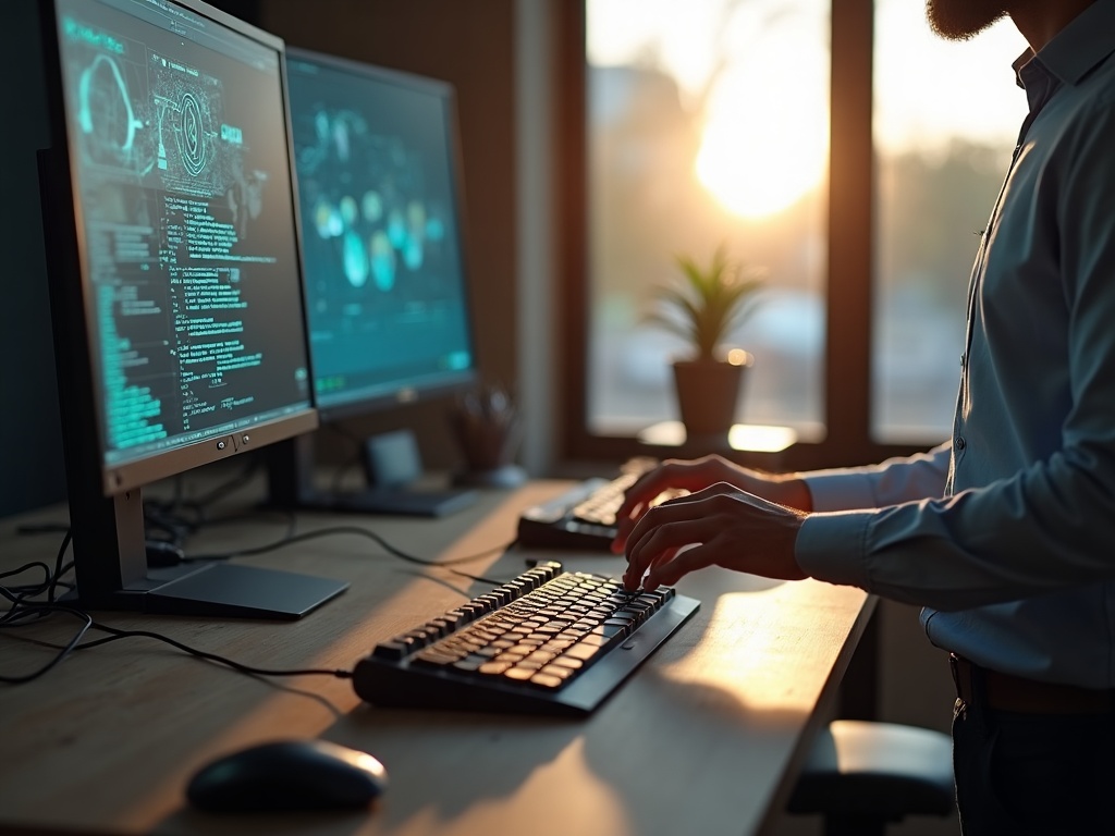 A network IT security analyst monitoring live network traffic and firewall dashboards on dual screens in a professional office environment