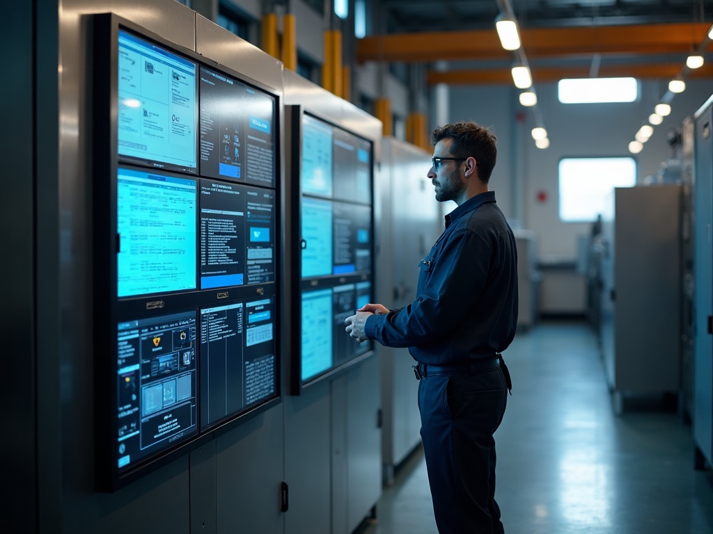 A technician reviewing converged IT OT network security controls in an industrial manufacturing control room with HMI panels and network infrastructure