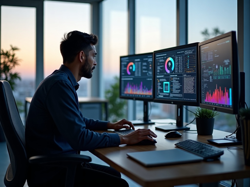 An IT security analyst monitoring threat data as part of managed cloud cybersecurity services for a Phoenix area business