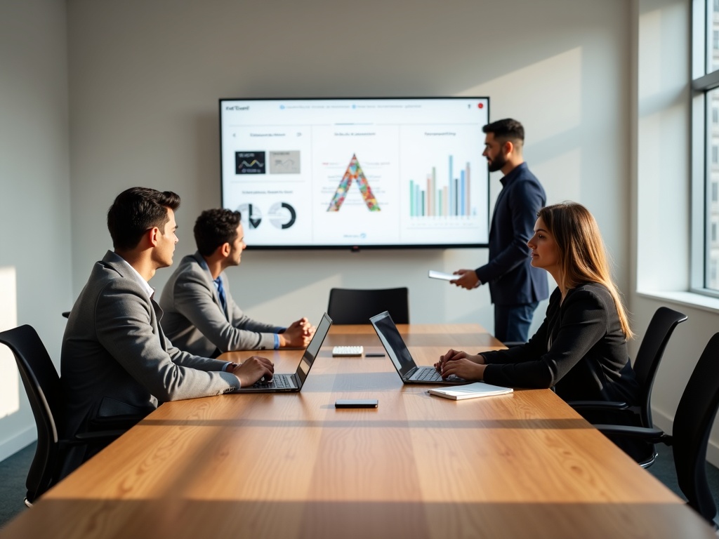 AI Cybersecurity Services A cybersecurity consultant presenting an AI cybersecurity services roadmap to a business team during a risk assessment meeting in a modern Phoenix area office