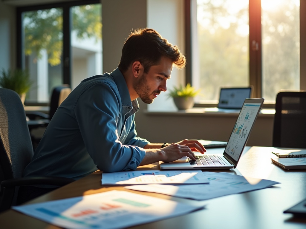 A cybersecurity expert reviewing a detailed risk assessment and audit cybersecurity services report at a clean professional workstation in a Phoenix metro business office