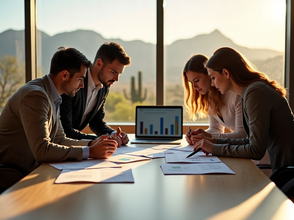 A business leadership team in the Phoenix metro reviewing findings from a risk assessment and audit cybersecurity services session with their trusted local security advisor
