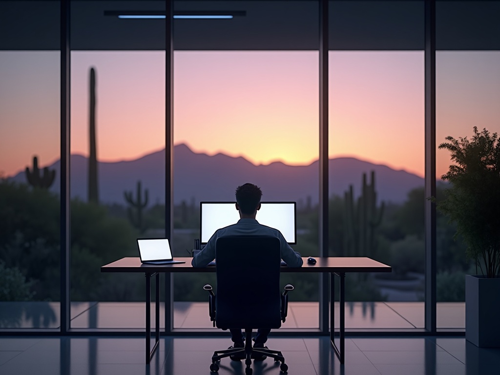 A Fountain Hills business professional reviewing cybersecurity services dashboards with McDowell Mountain views in the background