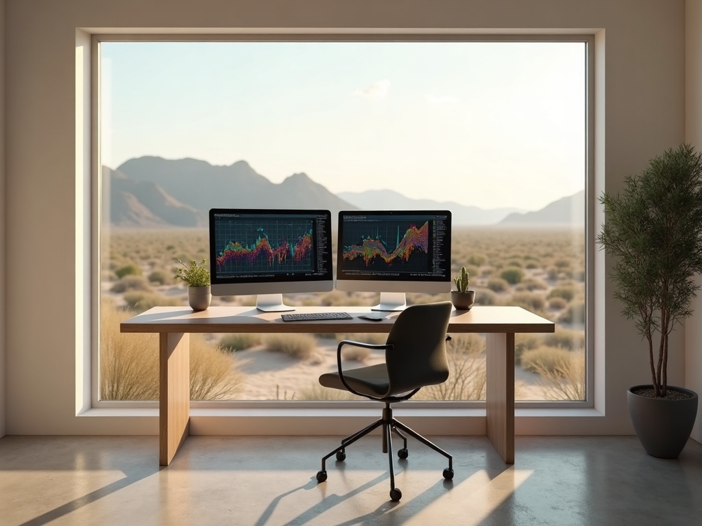 A business professional reviewing cybersecurity services dashboards from a home office in a Festival Ranch neighborhood near the White Tank Mountain foothills in Waddell, AZ