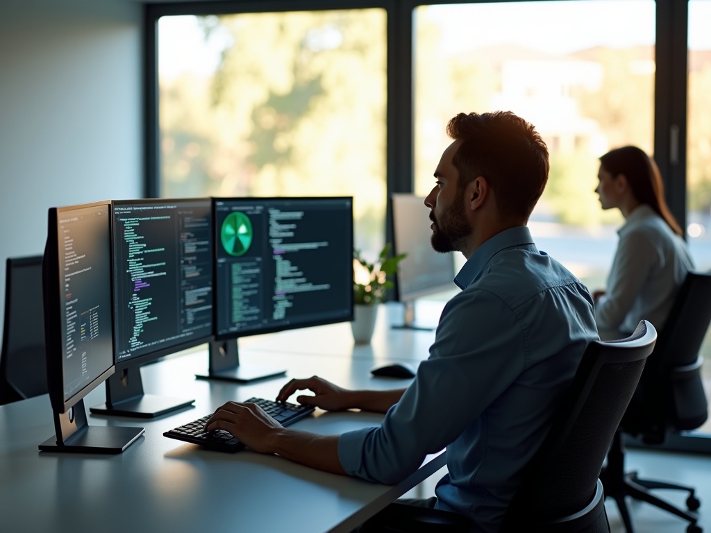 A cybersecurity services team conducting a risk assessment audit for a South Tempe Arizona business in a quiet corporate office environment