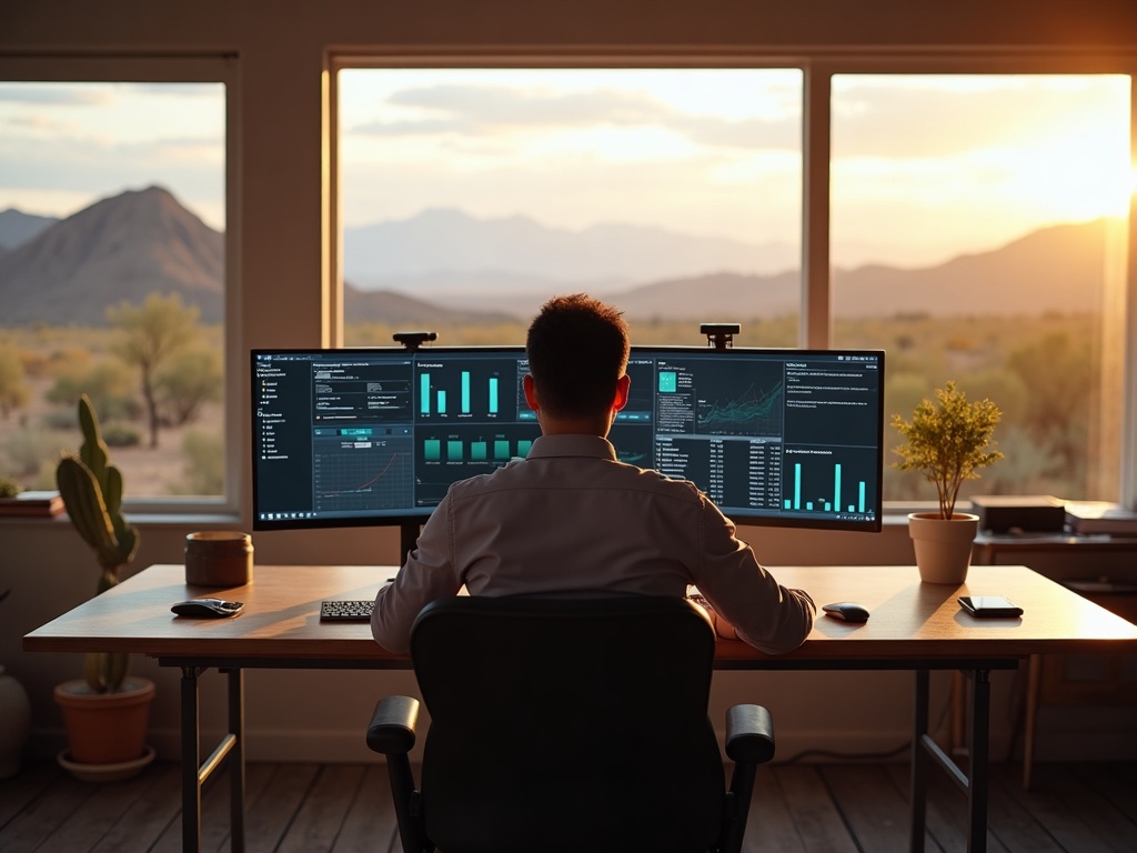 A cybersecurity professional reviewing compliance documentation and network dashboards at a dual-monitor desk, delivering cybersecurity compliance consulting for a client organization in Sun City West, Arizona