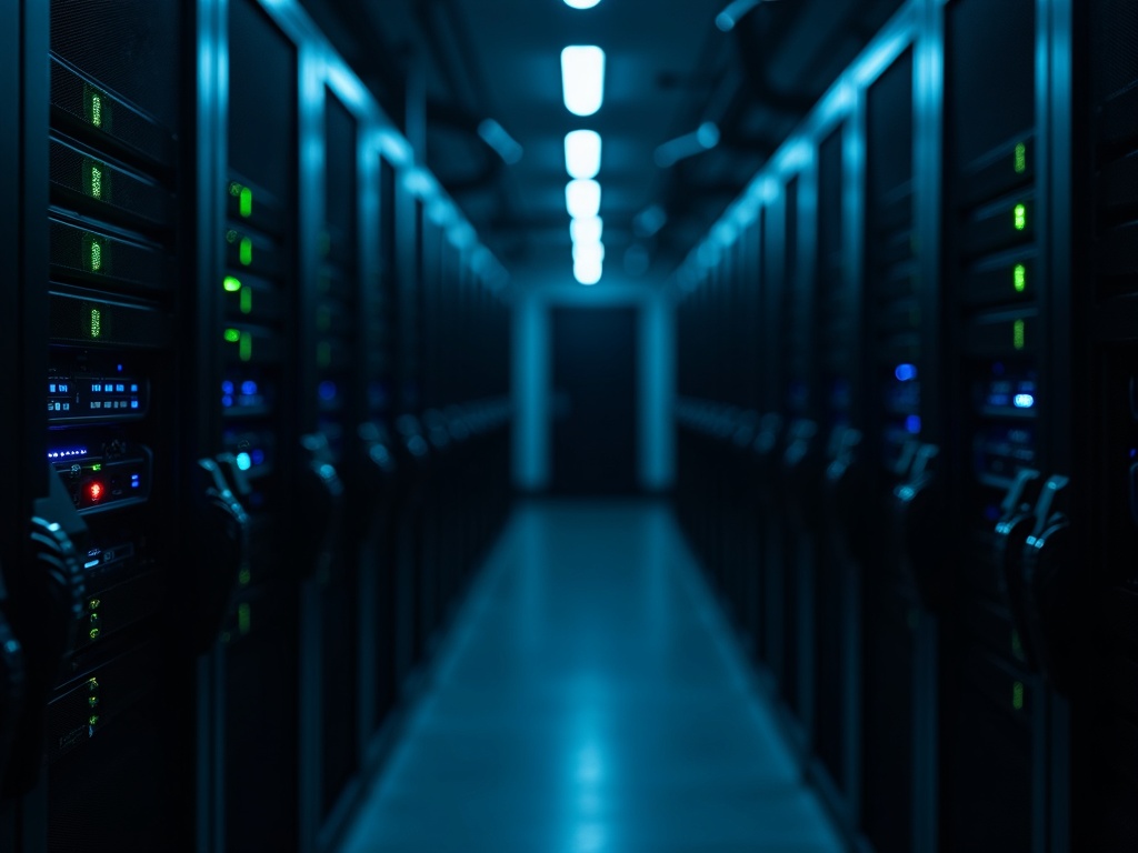 A well-organized and secure server room with rack-mounted equipment and active LED status lights, representing cybersecurity compliance consulting infrastructure for organizations near Sun City West, AZ