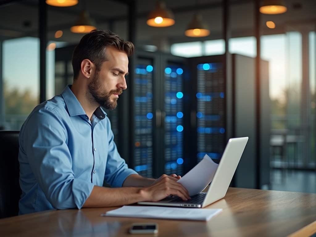 Cybersecurity for Arizona Government Contractors: What's Required and What's Often Missed A cybersecurity architect reviewing CMMC compliance documentation in a secure server room, representing cybersecurity for government contract holders work for contractors in the Phoenix metro area