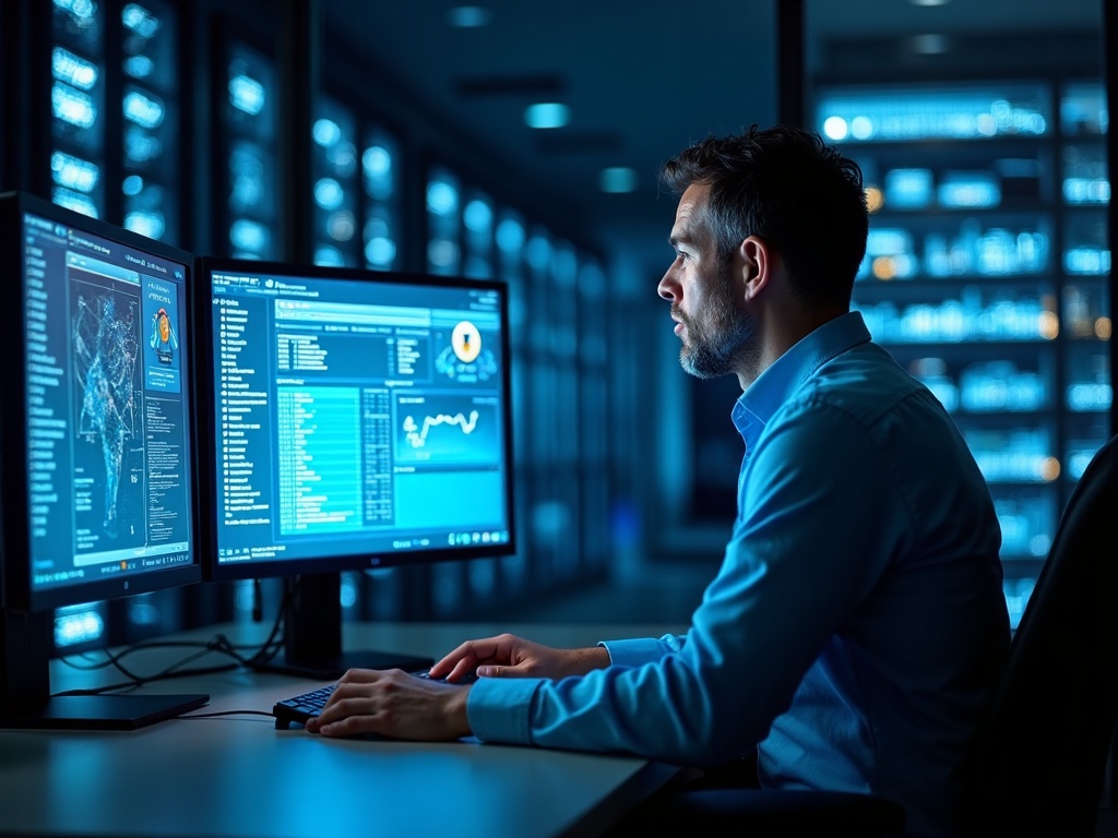 Enterprise-Level Cybersecurity for Mid-Size Companies: What It Takes and What It Costs A cybersecurity specialist reviewing network threat dashboards in a data center — the hands-on enterprise level security for mid size companies approach brings to every client engagement