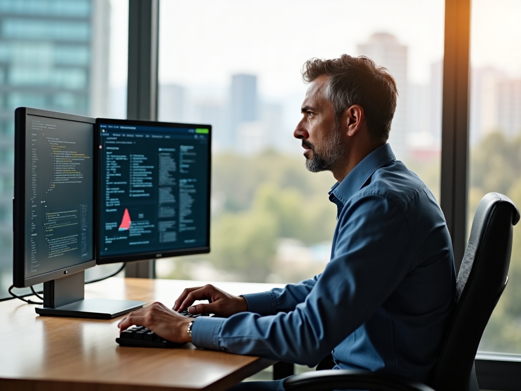 An experienced cybersecurity advisor reviewing a client's network security architecture on dual monitors in a modern Scottsdale office