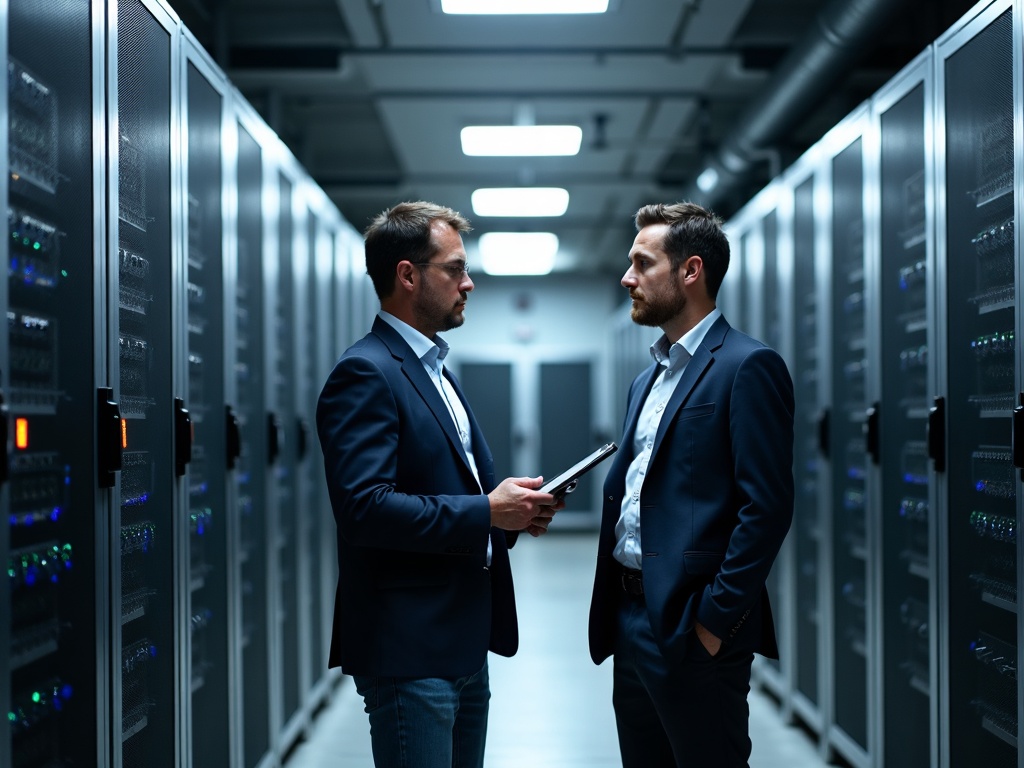 An experienced cybersecurity advisor reviewing a client's network security architecture on dual monitors in a modern Scottsdale office