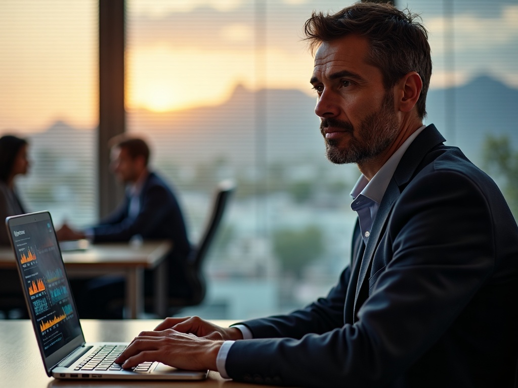An experienced cybersecurity advisor reviewing a client's network security architecture on dual monitors in a modern Scottsdale office