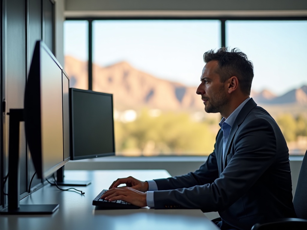 a cybersecurity architect reviewing a risk-based cybersecurity program on dual monitors inside a secure server room — the same approach how to build a risk-based cybersecurity program relies on