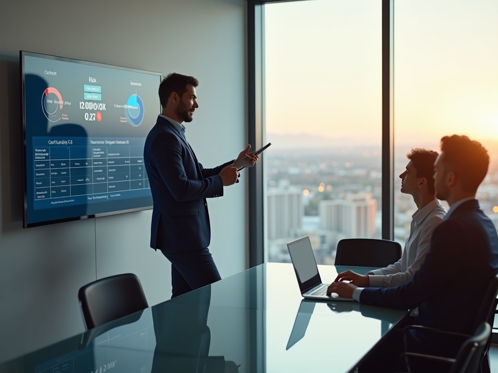 a cybersecurity architect reviewing a risk-based cybersecurity program on dual monitors inside a secure server room — the same approach how to build a risk-based cybersecurity program relies on
