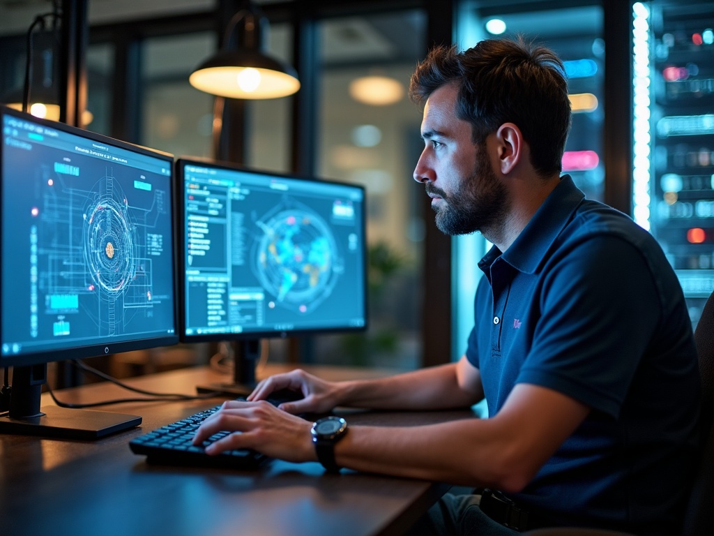 How a Defense-in-Depth Security Strategy Works — and Why Layers Matter More Than Any Single Tool A cybersecurity engineer reviewing a layered defense in depth security approach on dual monitors inside a Phoenix metro managed security operations center