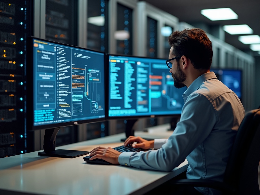 How to Reduce Cyber Risk Without Blowing Your IT Budget A cybersecurity professional reviewing how to reduce cyber risk without a big budget strategies on a security operations dashboard inside a modern data center server room