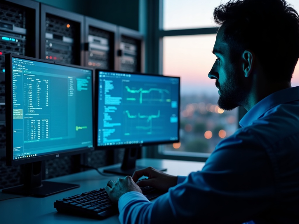 A cybersecurity professional reviewing how to reduce cyber risk without a big budget strategies on a security operations dashboard inside a modern data center server room