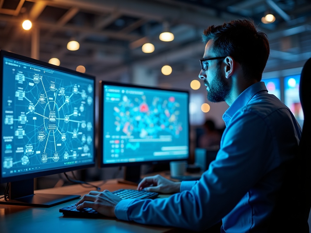 PLC Security Hardening: What Industrial Operators in Arizona Need to Do Right Now A cybersecurity engineer performing plc security hardening by reviewing industrial control system network diagrams on dual monitors inside a Phoenix metro operations center.