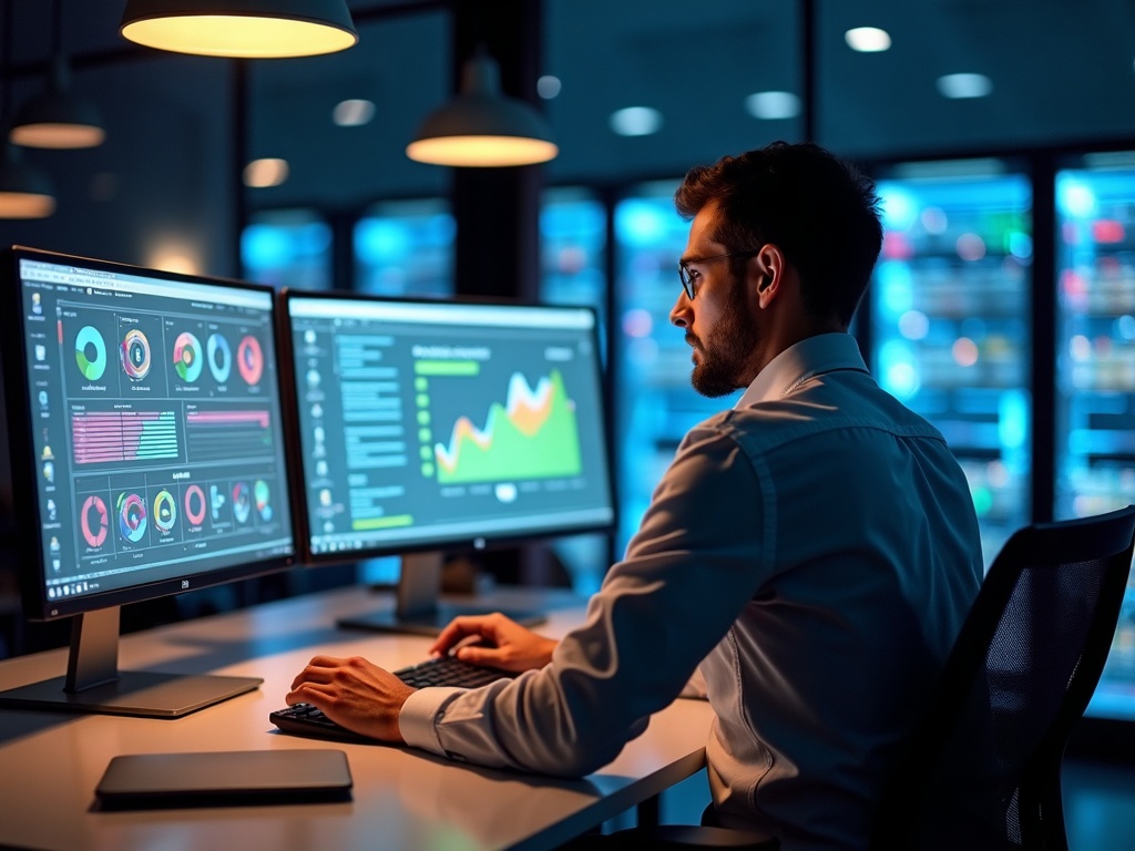 A cybersecurity professional reviewing what is a cloud access security broker controls on a cloud security dashboard in a Phoenix-area data center operations room.