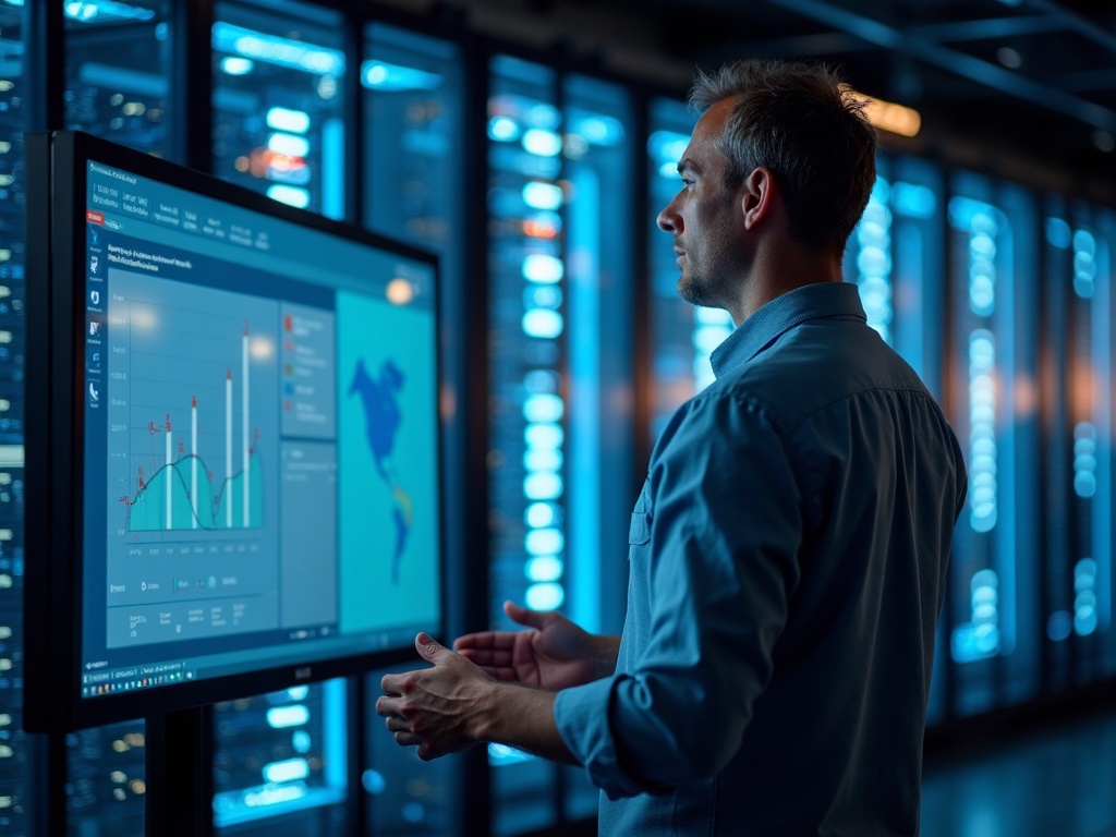 A cybersecurity professional reviewing what is a cloud access security broker controls on a cloud security dashboard in a Phoenix-area data center operations room.