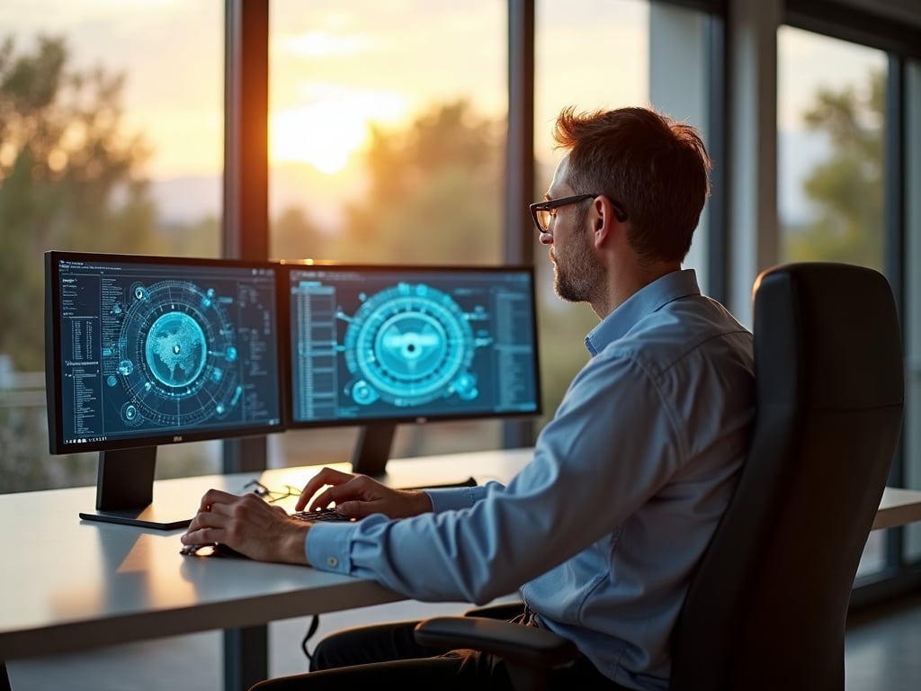A cybersecurity professional reviewing an arizona cybersecurity maturity assessment dashboard on dual monitors in a modern Scottsdale office