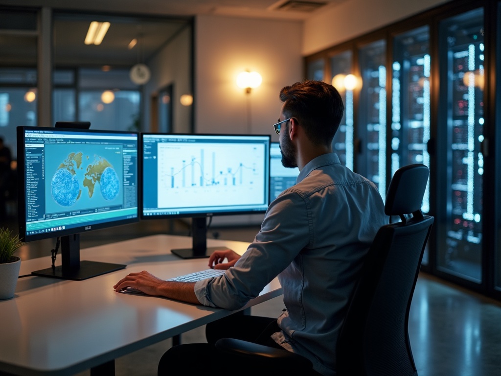 A cybersecurity architect reviewing HIPAA compliance documentation and network architecture for cybersecurity for skilled nursing facilities in a Scottsdale operations center