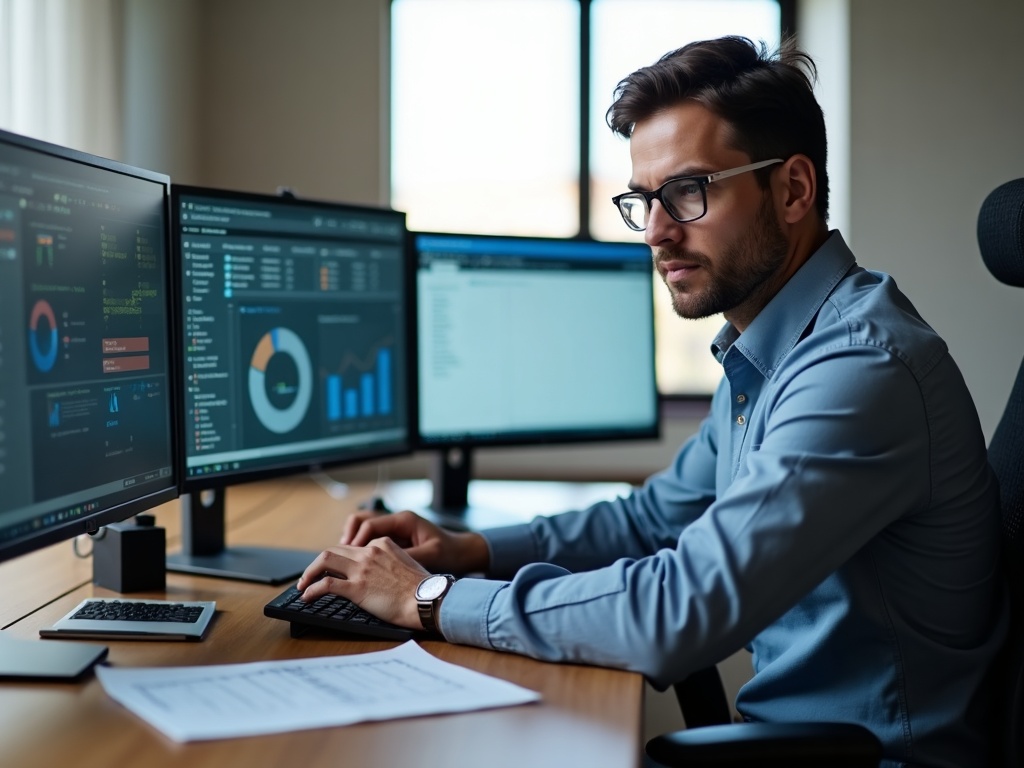 A cybersecurity architect reviewing HIPAA compliance documentation and network architecture for cybersecurity for skilled nursing facilities in a Scottsdale operations center