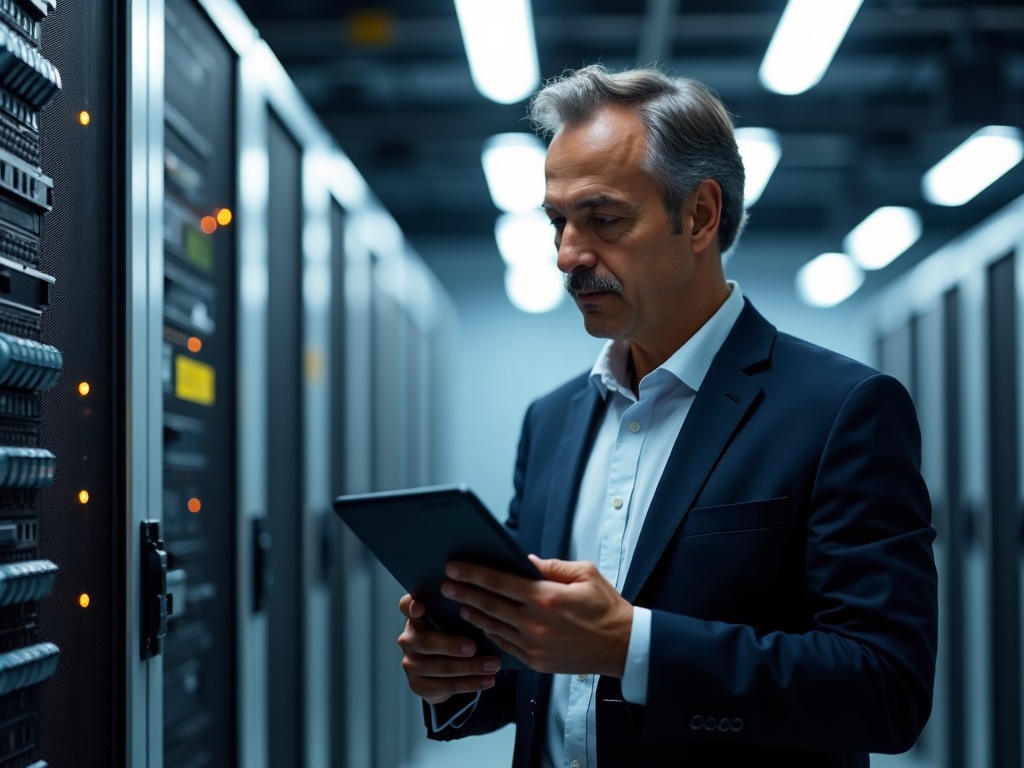 A cybersecurity architect reviewing HIPAA compliance documentation and network architecture for cybersecurity for skilled nursing facilities in a Scottsdale operations center