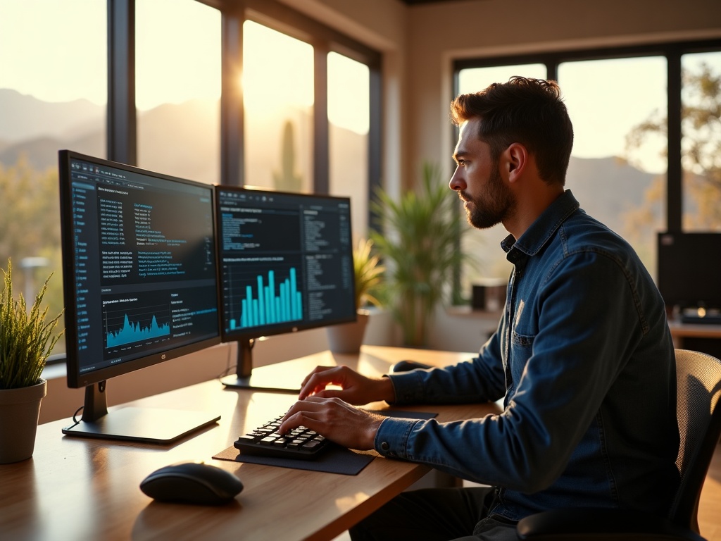Cybersecurity professional reviewing testing employee security behavior dashboards on dual monitors in a sunlit Arizona office