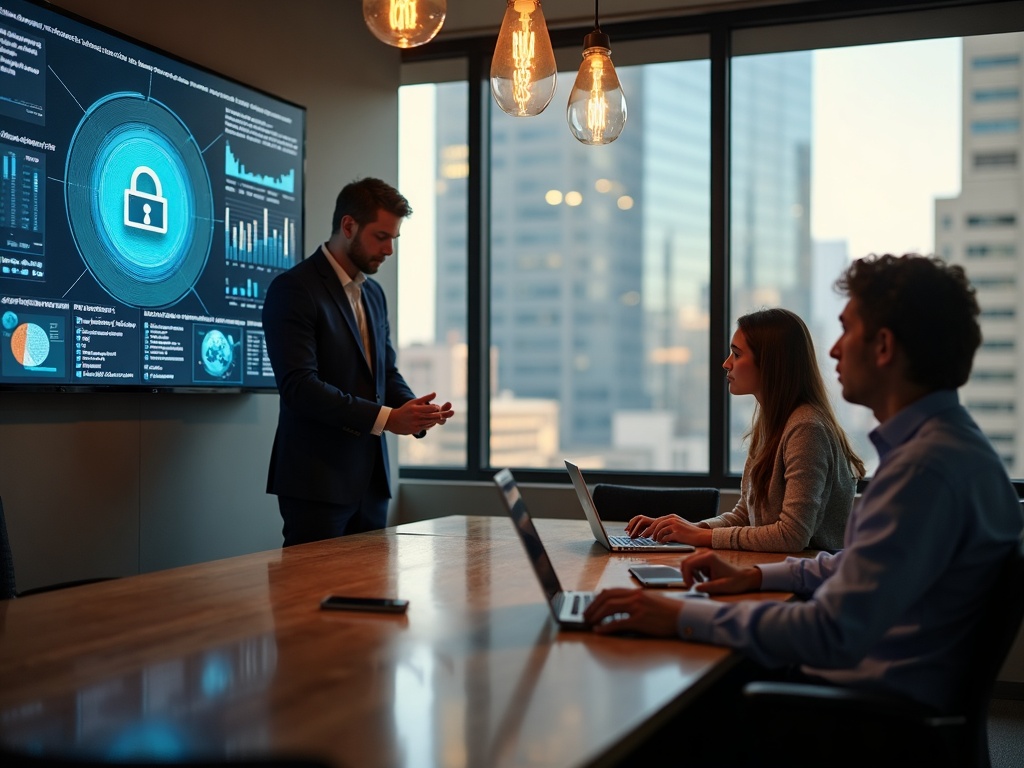 Cybersecurity professional reviewing testing employee security behavior dashboards on dual monitors in a sunlit Arizona office